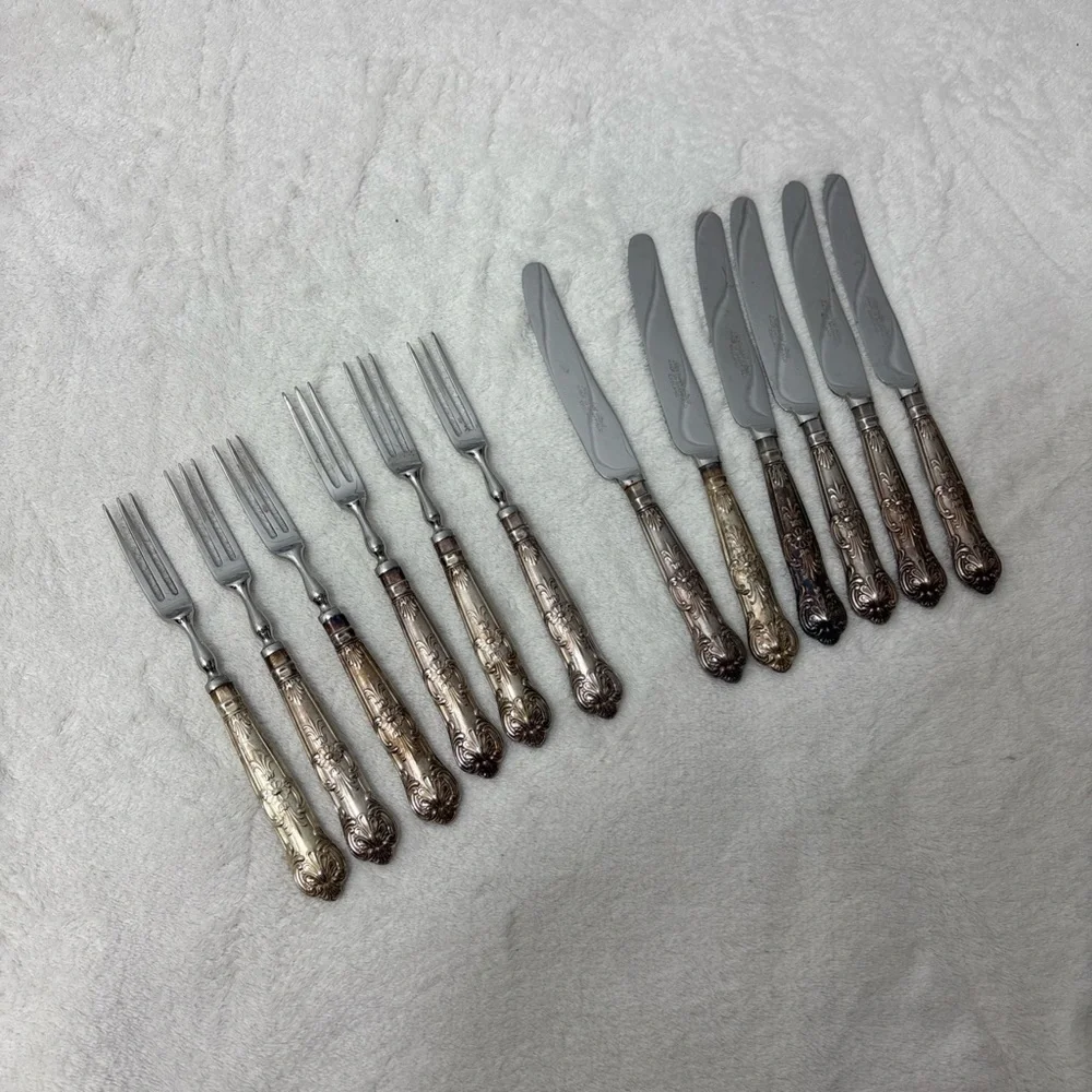 Vintage SHEFFIELD Stainless Steal Ornate‎ Silverware Set Decorative Handles 12